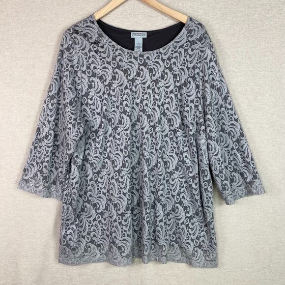 Catherines Womens Gray Lace Top Size 2X 3/4 Sleeve Romantic Office Whimsigoth - Picture 1 of 9
